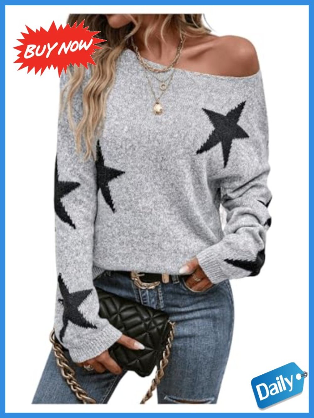 Star Print Off Shoulder Knit Pullover Sweater Long Sleeve Lightweight